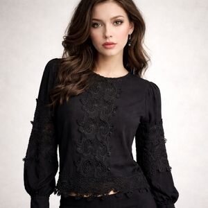 Ciebon Black Lace Long Sleeve Blouse Romantic Boho Gothic Witchy Dark Academia